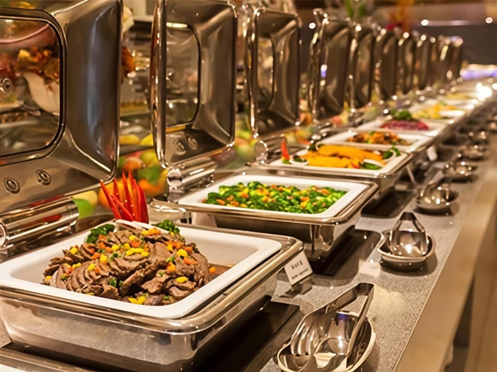 Wedding reception catering with elegant buffet display